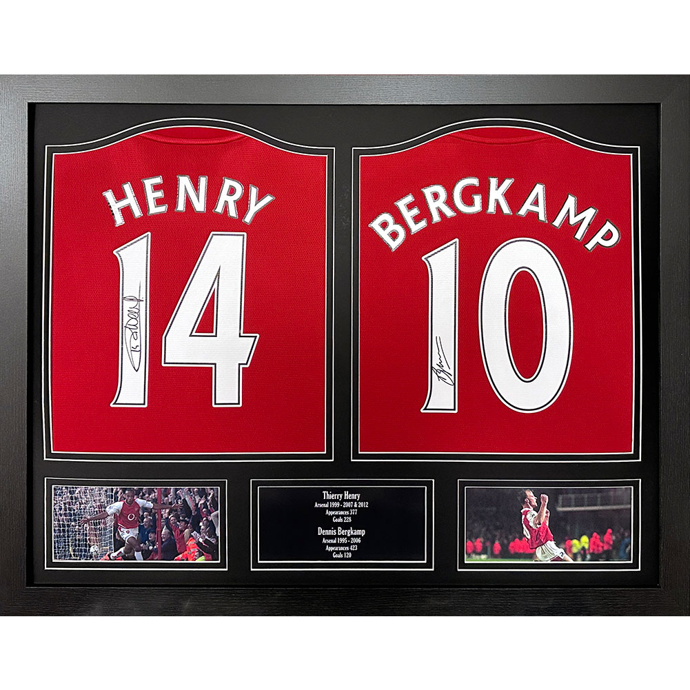 Legendák bekeretezett mezek Arsenal FC 2020-2021 Bergkamp & Henry Signed Shirts (Dual Framed)