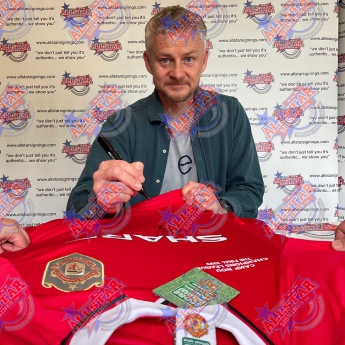 Legendák futball mez Manchester United 1999 Solskjaer & Sheringham Signed Shirt
