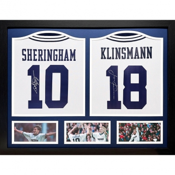 Legendák bekeretezett mezek Tottenham Hotspur FC 1994 Klinsmann & Sheringham Signed Shirts (Dual Framed)