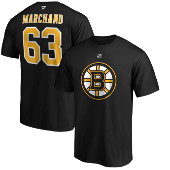 Boston Bruins férfi póló Brad Marchand #63 Stack Logo Name & Number