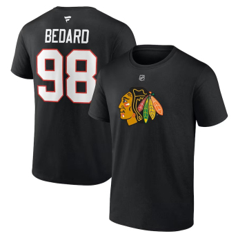 Chicago Blackhawks férfi póló Connor Bedard #98 Draft 2023 Stack Logo Name & Number Black