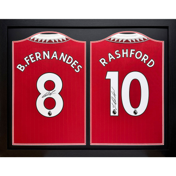 Legendák bekeretezett mezek Manchester United FC 2022-2023 Bruno Fernandes & Rashford Signed Shirts (Dual Framed)