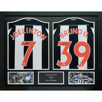 Legendák bekeretezett mezek Newcastle United FC 2021-2022 Bruno Guimaraes & Joelinton Signed Shirts (Dual Framed)